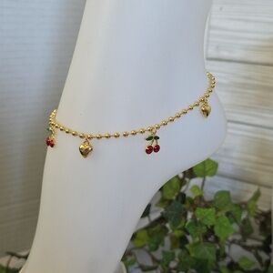 Gold Filled Anklet Ankle Bracelet Red Cherry and Heart
